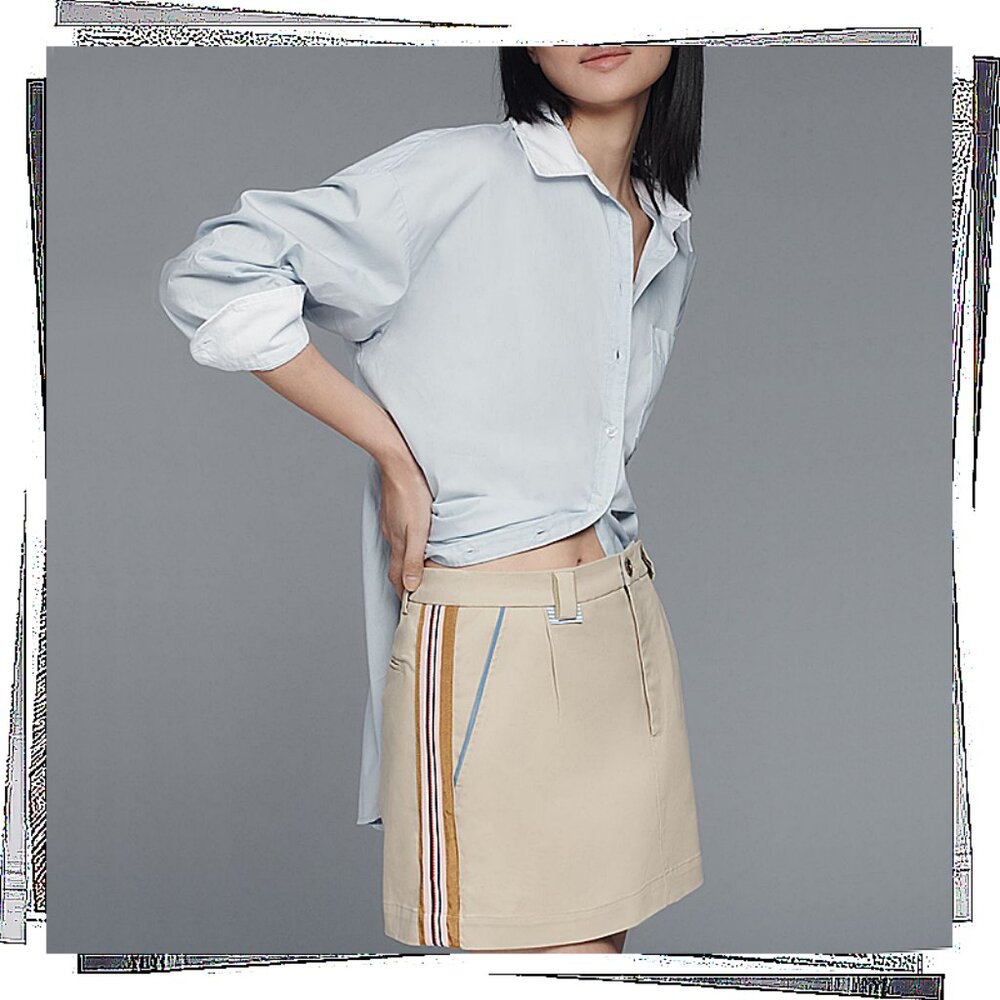 NWT: Creamy Tan Side-Striped Mini Skirt w Blue Front Pocket Piping (S) by Maeve